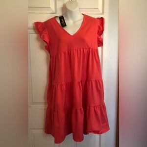 I Hot Summer Sleeveless Ruffle  Tunics Babydoll Pink V Neck Dress Size Large